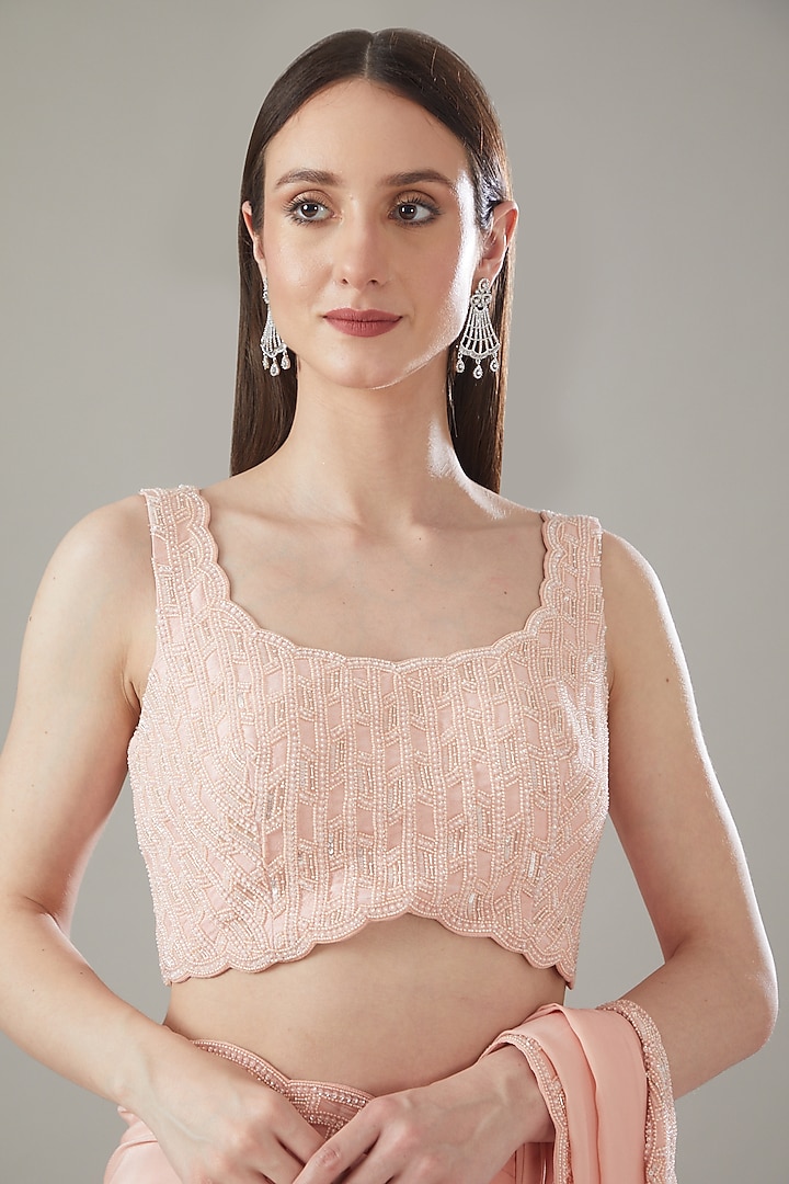 Peach Crepe Embellished Draped Wedding Saree Set by Disha Patil at Pernia's Pop Up Shop