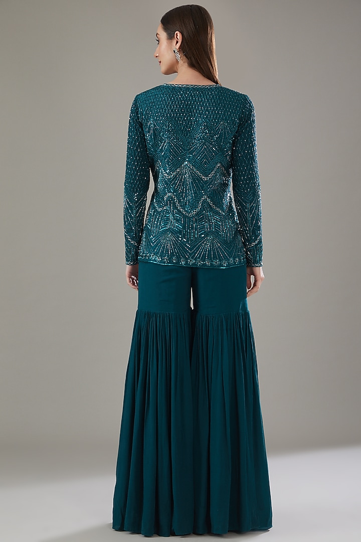 Green Raw Silk Embellished Jacket Set by Disha Patil at Pernia's Pop Up Shop