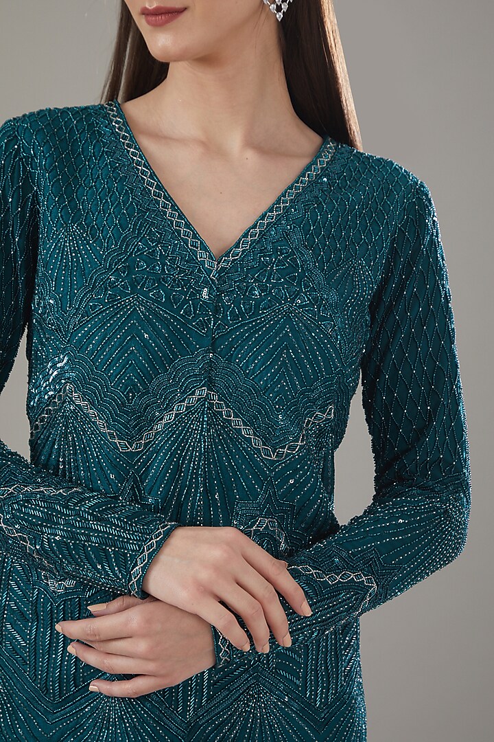 Green Raw Silk Embellished Jacket Set by Disha Patil at Pernia's Pop Up Shop
