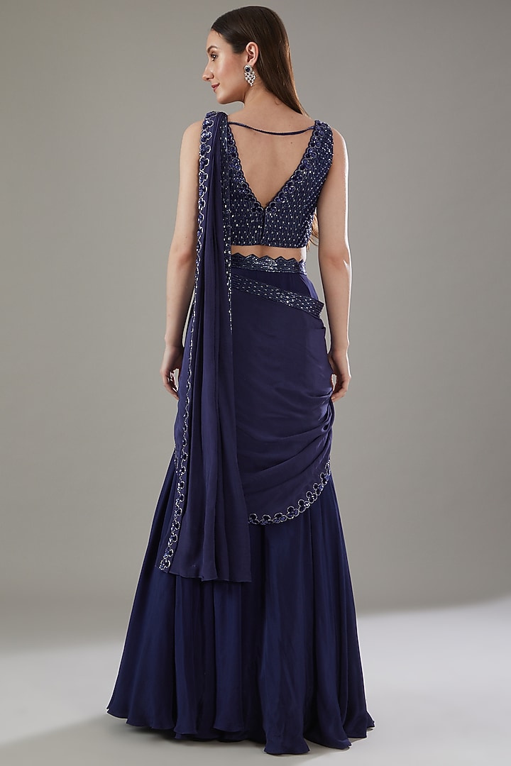 Blue Crepe Embroidered Draped Skirt Wedding Saree Set by Disha Patil at Pernia's Pop Up Shop