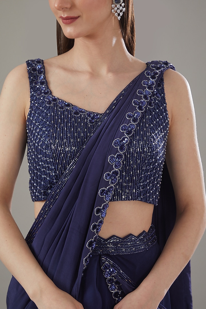 Blue Crepe Embroidered Draped Skirt Wedding Saree Set by Disha Patil at Pernia's Pop Up Shop