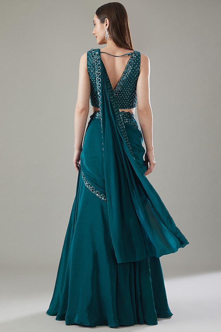 Green Crepe Embroidered Draped Skirt Wedding Saree Set by Disha Patil at Pernia's Pop Up Shop