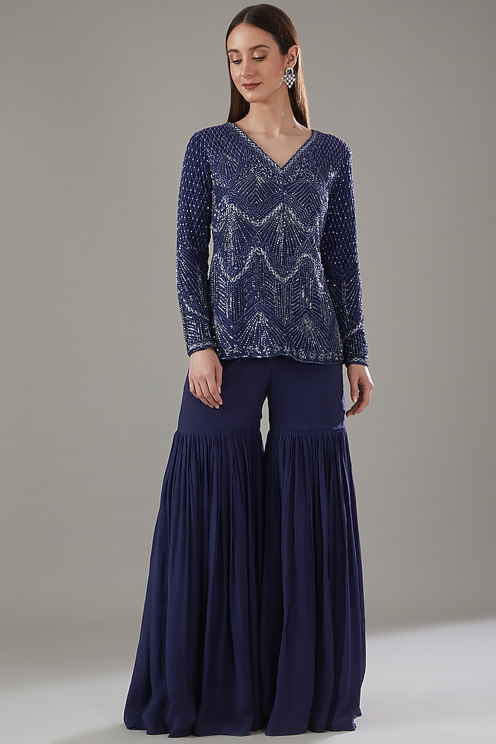 Blue Raw Silk Embellished Jacket Set by Disha Patil at Pernia's Pop Up Shop