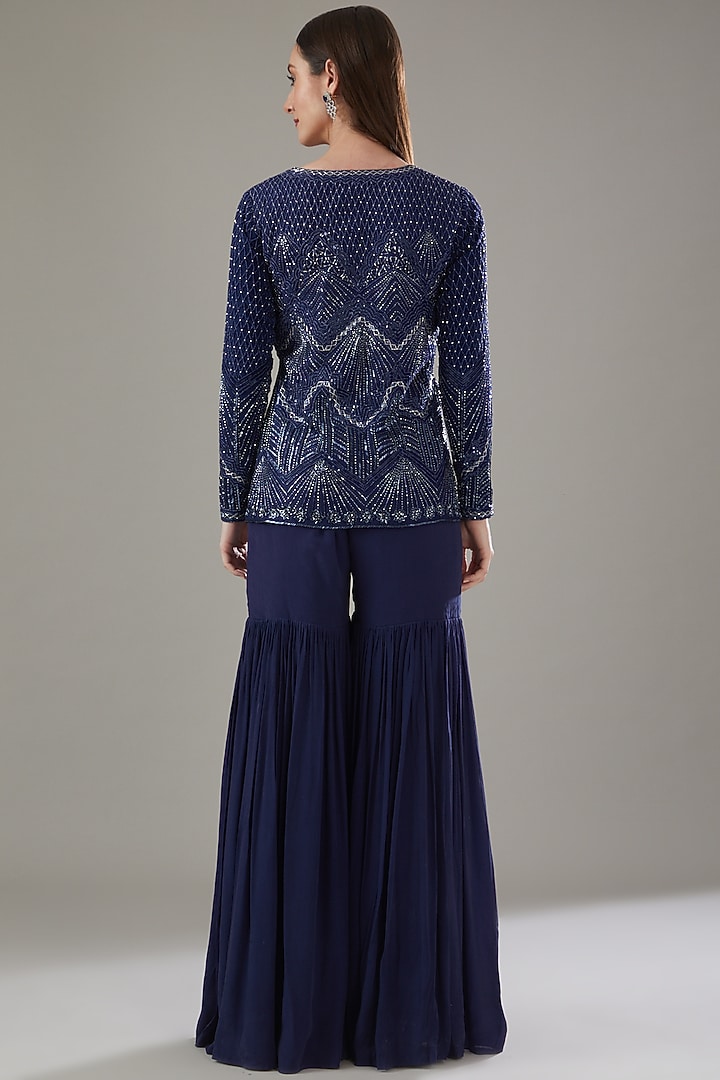 Blue Raw Silk Embellished Jacket Set by Disha Patil at Pernia's Pop Up Shop