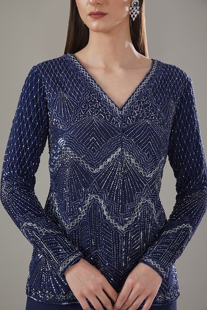 Blue Raw Silk Embellished Jacket Set by Disha Patil at Pernia's Pop Up Shop