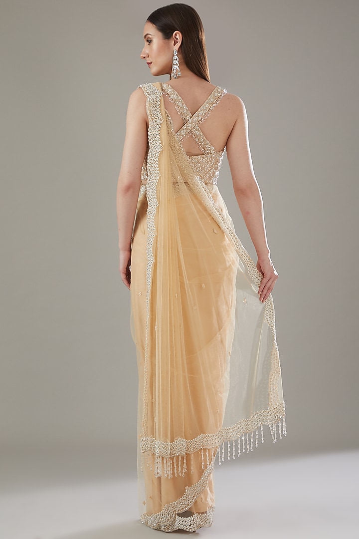 Beige Net Embellished Draped Wedding Saree Set by Disha Patil at Pernia's Pop Up Shop