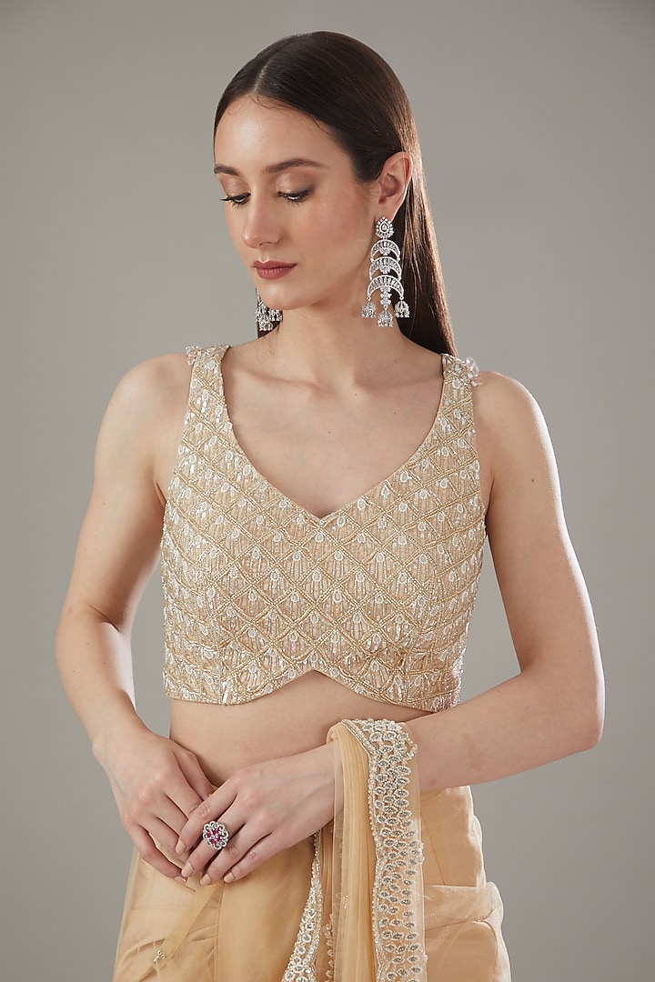 Beige Net Embellished Draped Wedding Saree Set by Disha Patil at Pernia's Pop Up Shop