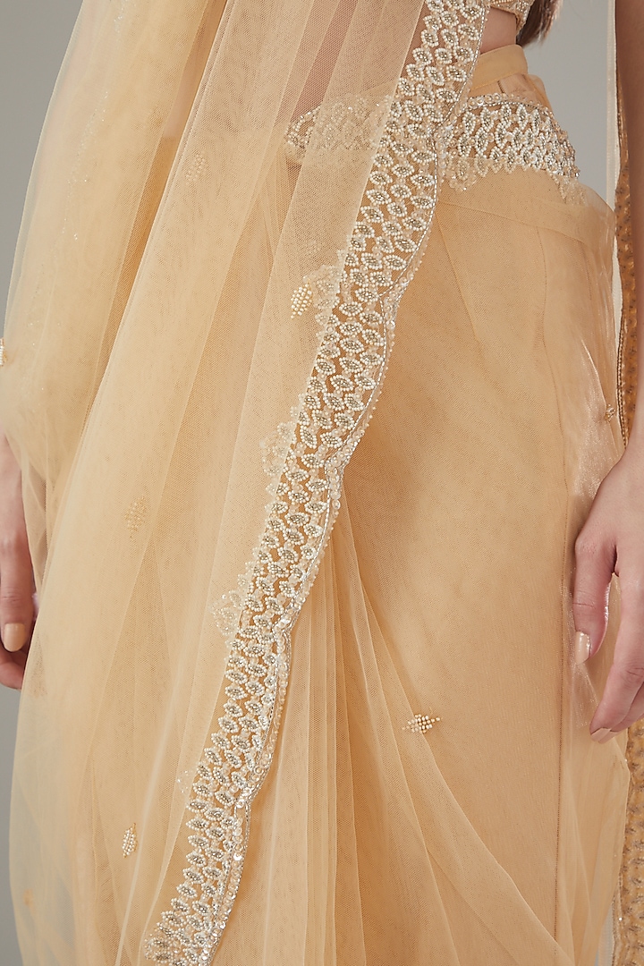 Beige Net Embellished Draped Wedding Saree Set by Disha Patil at Pernia's Pop Up Shop