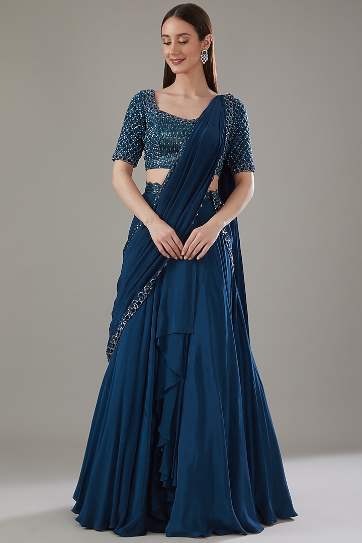 Blue Crepe Embroidered Draped Skirt Wedding Saree Set by Disha Patil at Pernia's Pop Up Shop