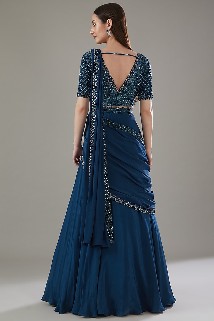 Blue Crepe Embroidered Draped Skirt Wedding Saree Set by Disha Patil at Pernia's Pop Up Shop