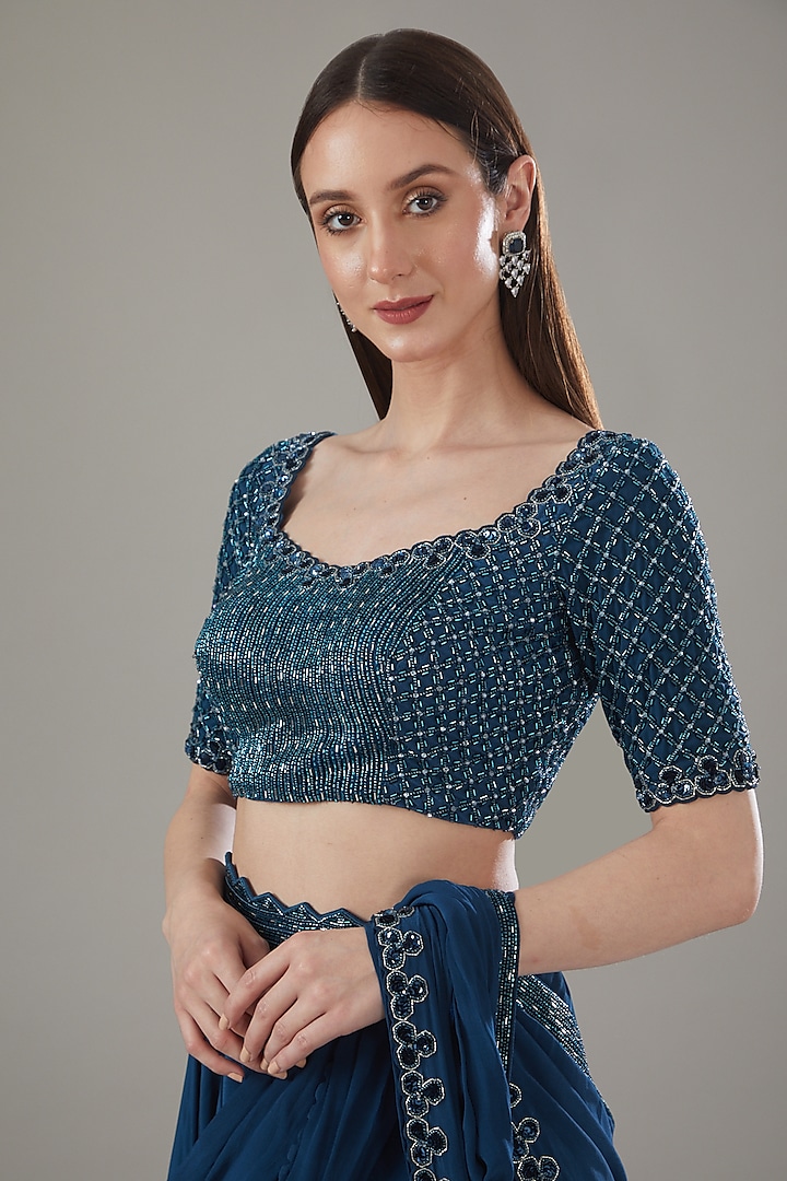 Blue Crepe Embroidered Draped Skirt Wedding Saree Set by Disha Patil at Pernia's Pop Up Shop