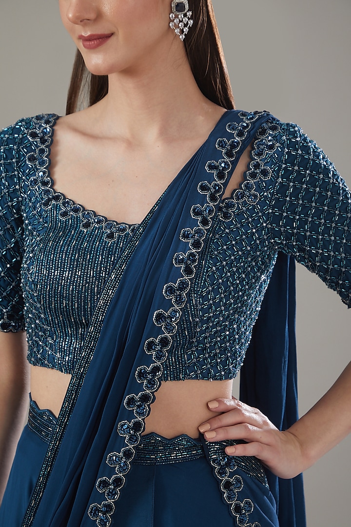Blue Crepe Embroidered Draped Skirt Wedding Saree Set by Disha Patil at Pernia's Pop Up Shop