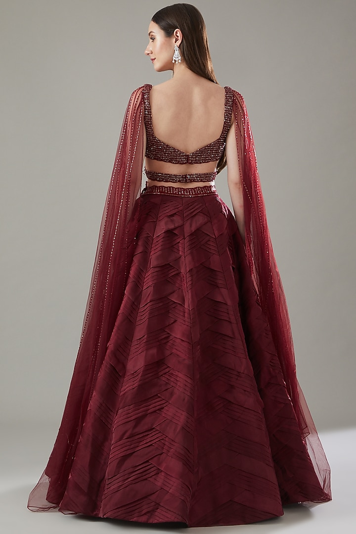 Red Satin Organza Pleated Skirt Set by Disha Patil at Pernia's Pop Up Shop