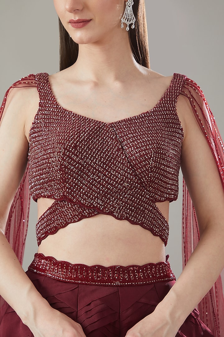 Red Satin Organza Pleated Skirt Set by Disha Patil at Pernia's Pop Up Shop