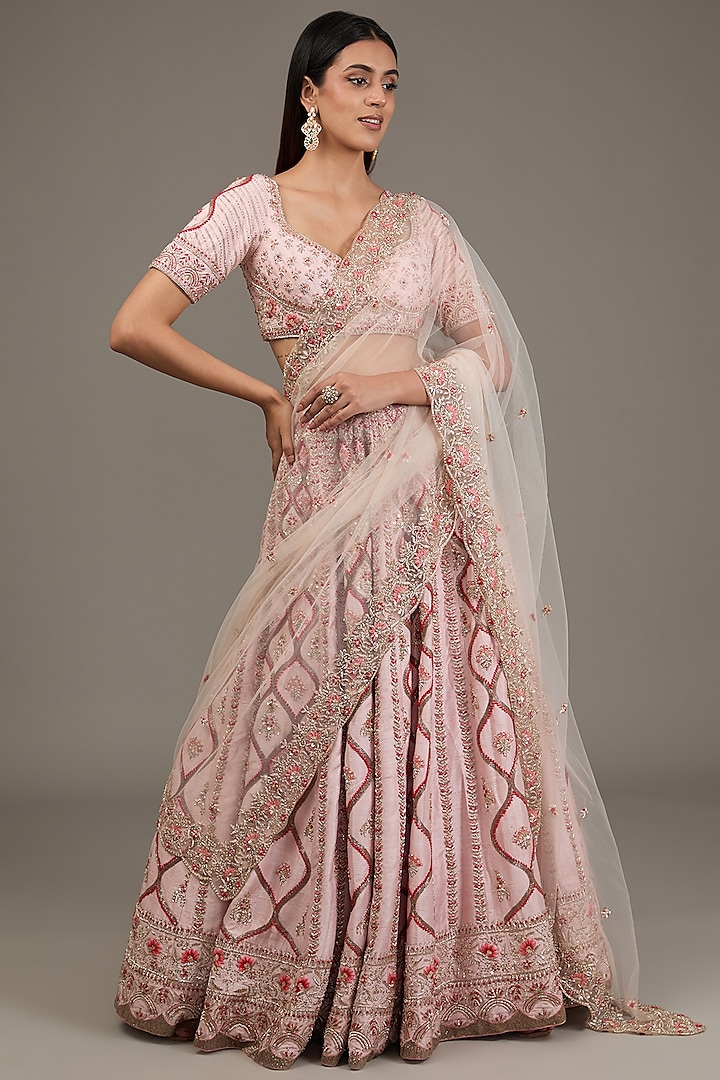 Powder Pink Raw Silk Hand Embellished Bridal Lehenga Set by Disha Patil at Pernia's Pop Up Shop