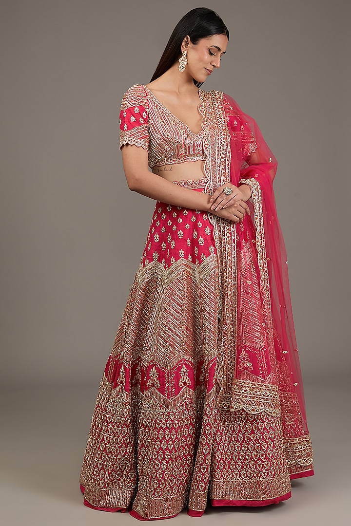 Red Raw Silk Hand Embellished Bridal Lehenga Set by Disha Patil at Pernia's Pop Up Shop