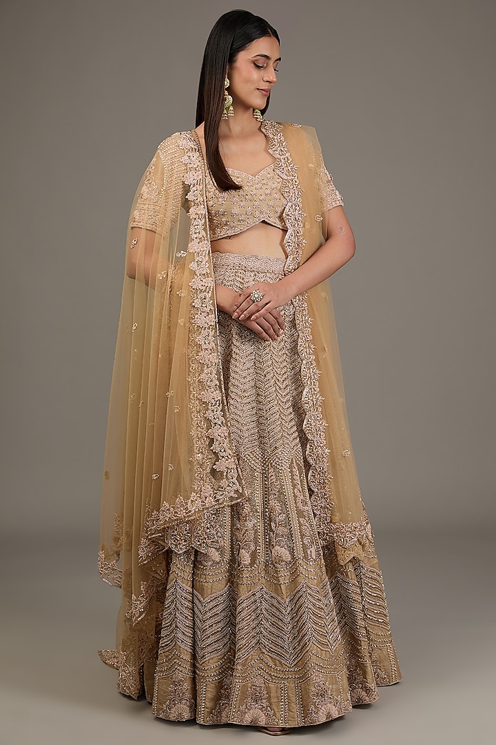 Gold Raw Silk Hand Embellished Bridal Lehenga Set by Disha Patil at Pernia's Pop Up Shop