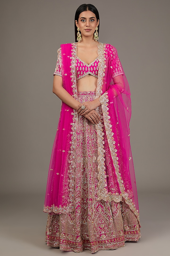 Fuchsia Pink Raw Silk Hand Embellished Bridal Lehenga Set by Disha Patil at Pernia's Pop Up Shop