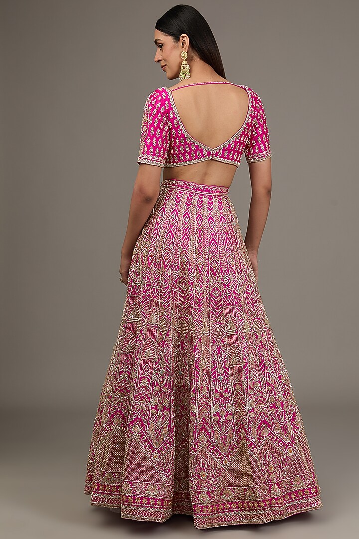Fuchsia Pink Raw Silk Hand Embellished Bridal Lehenga Set by Disha Patil at Pernia's Pop Up Shop