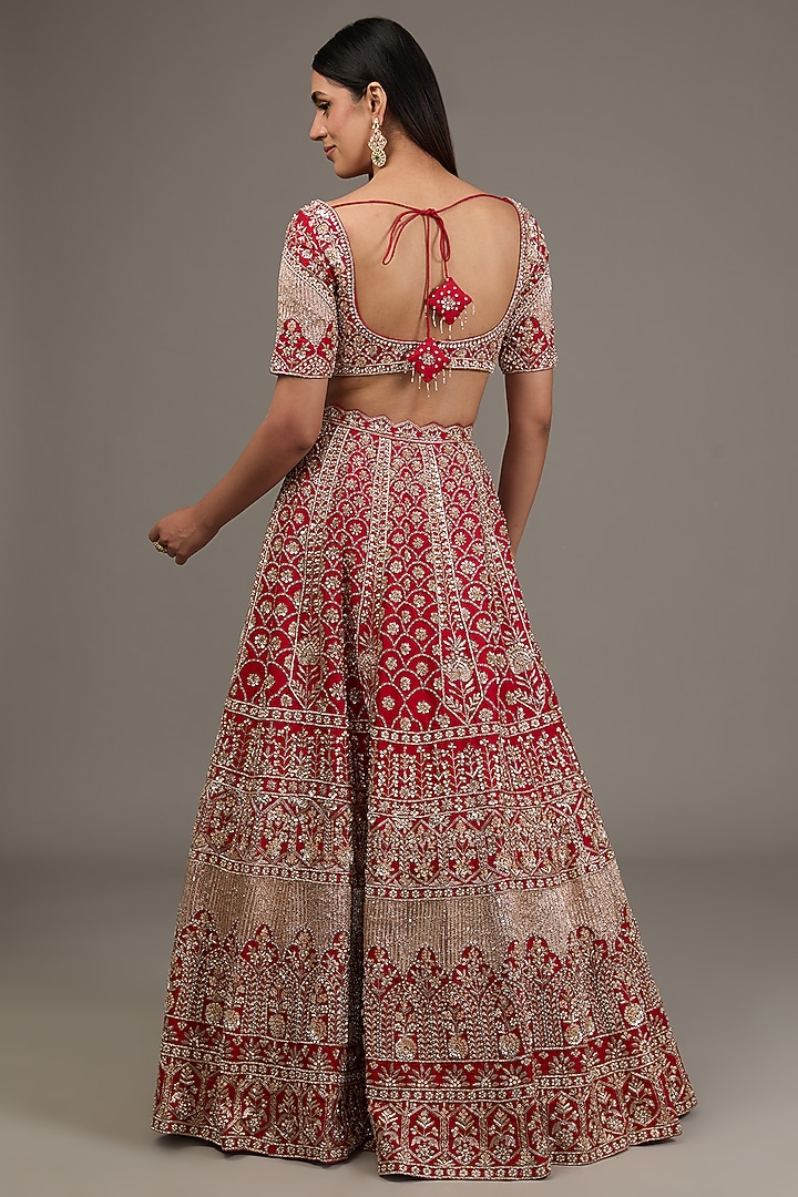 Red Raw Silk Hand Embellished Bridal Lehenga Set by Disha Patil at Pernia's Pop Up Shop