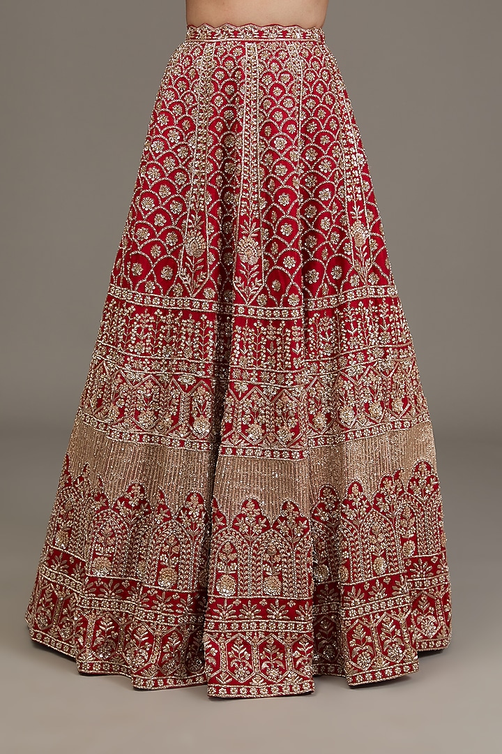 Red Raw Silk Hand Embellished Bridal Lehenga Set by Disha Patil at Pernia's Pop Up Shop