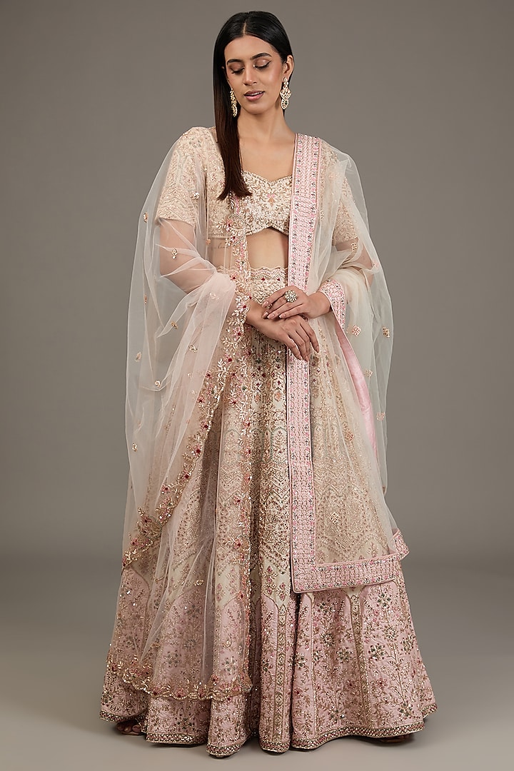 Ivory Raw Silk Hand Embellished Bridal Lehenga Set by Disha Patil at Pernia's Pop Up Shop