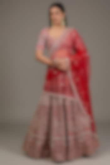 Red Raw Silk Hand Embellished Bridal Lehenga Set by Disha Patil at Pernia's Pop Up Shop