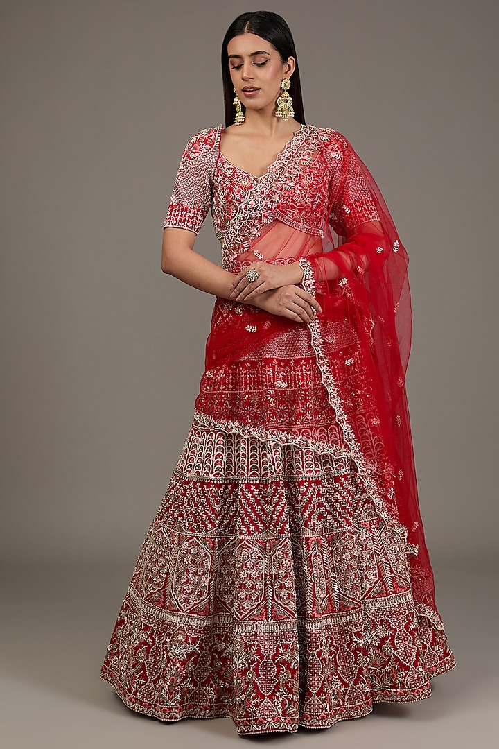 Red Raw Silk Hand Embellished Bridal Lehenga Set by Disha Patil at Pernia's Pop Up Shop