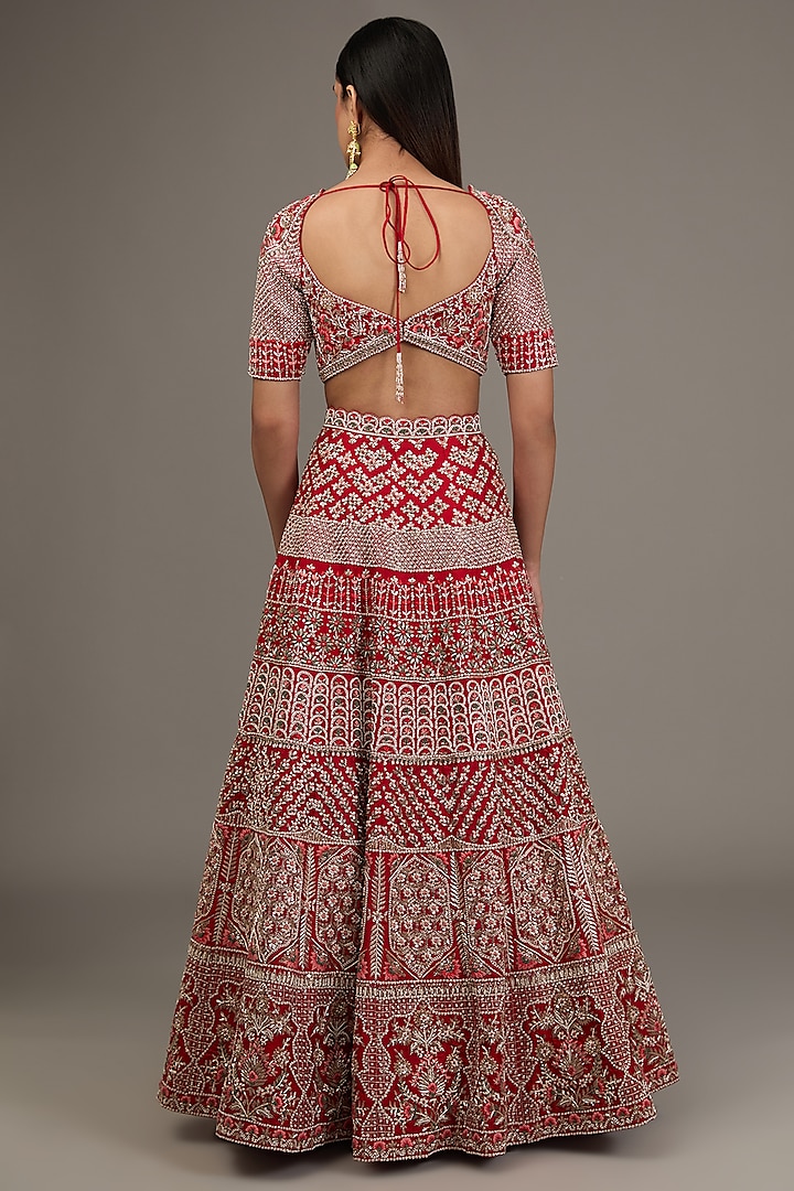 Red Raw Silk Hand Embellished Bridal Lehenga Set by Disha Patil at Pernia's Pop Up Shop