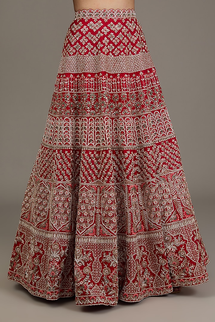 Red Raw Silk Hand Embellished Bridal Lehenga Set by Disha Patil at Pernia's Pop Up Shop