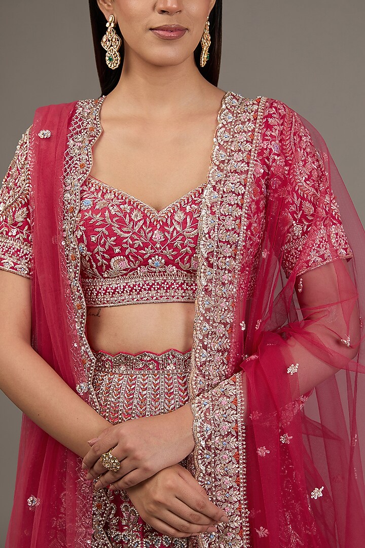 Red Raw Silk Hand Embellished Bridal Lehenga Set by Disha Patil at Pernia's Pop Up Shop
