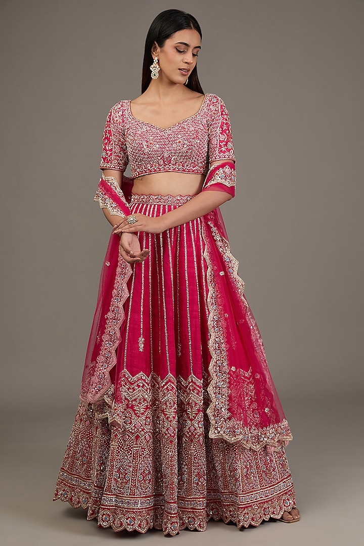 Red Raw Silk Hand Embellished Bridal Lehenga Set by Disha Patil at Pernia's Pop Up Shop