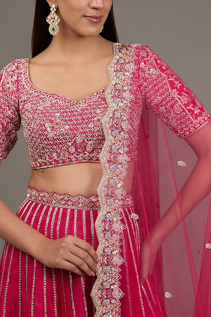 Red Raw Silk Hand Embellished Bridal Lehenga Set by Disha Patil at Pernia's Pop Up Shop