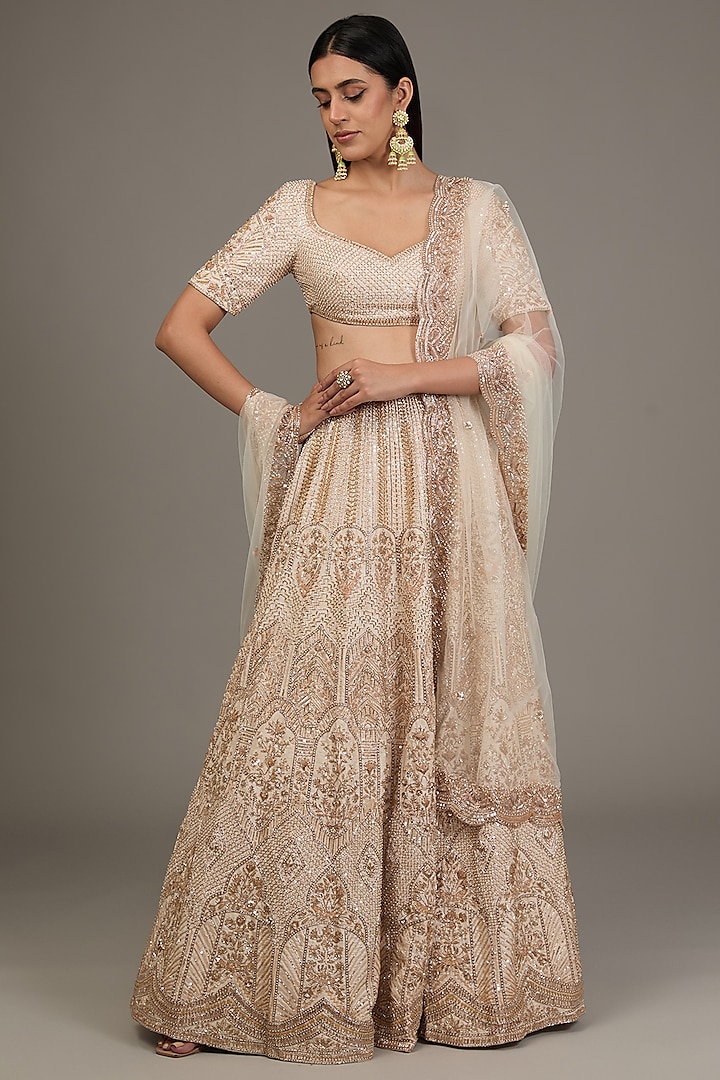 Beige Raw Silk Hand Embellished Bridal Lehenga Set by Disha Patil at Pernia's Pop Up Shop