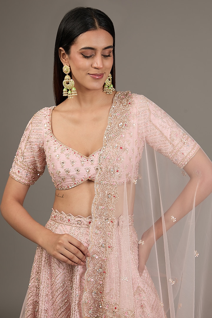 Powder Pink Raw Silk Hand Embellished Bridal Lehenga Set by Disha Patil at Pernia's Pop Up Shop