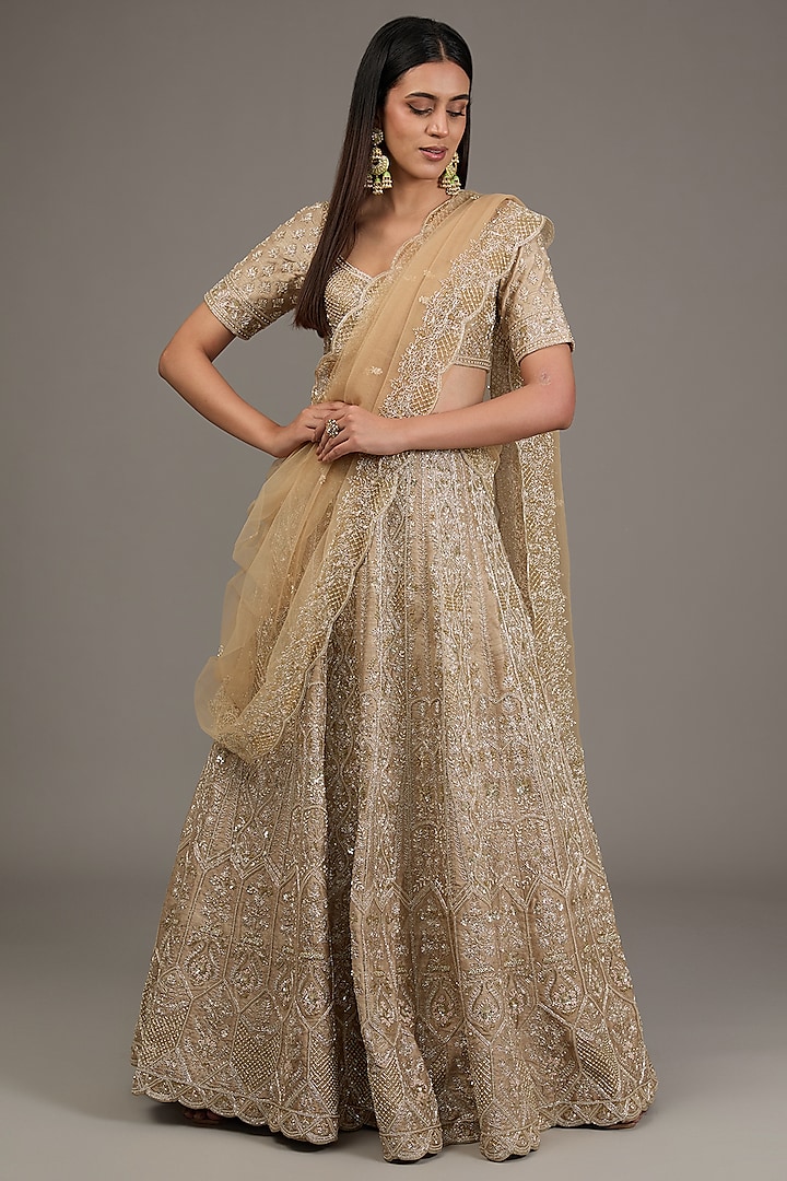 Gold Raw Silk Hand Embellished Bridal Lehenga Set by Disha Patil at Pernia's Pop Up Shop