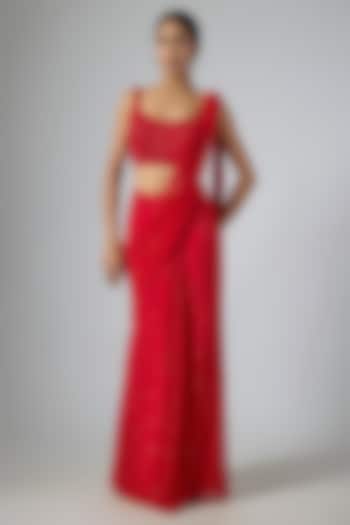 Red Soft Net Embellished Draped Reception Saree Set by Disha Patil at Pernia's Pop Up Shop