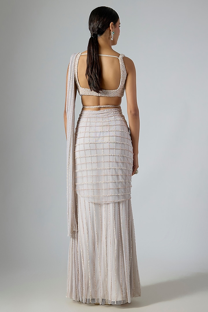Grey Soft Net Embellished Draped Reception Saree Set by Disha Patil at Pernia's Pop Up Shop