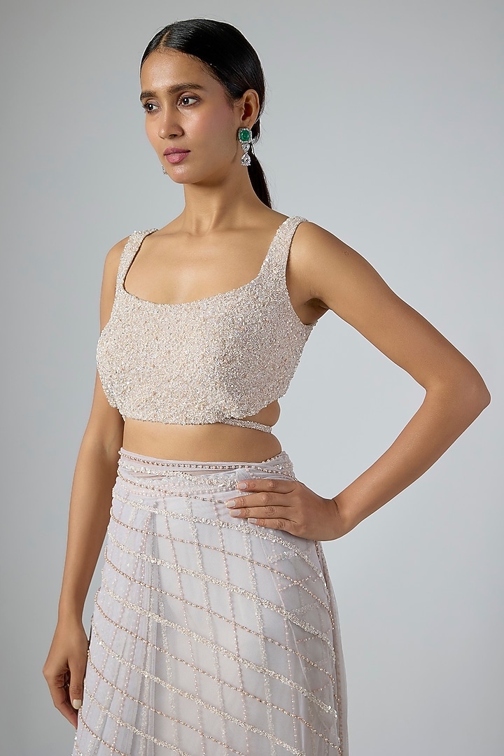 Grey Soft Net Embellished Draped Reception Saree Set by Disha Patil at Pernia's Pop Up Shop