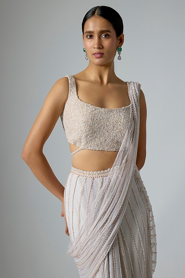 Grey Soft Net Embellished Draped Reception Saree Set by Disha Patil at Pernia's Pop Up Shop