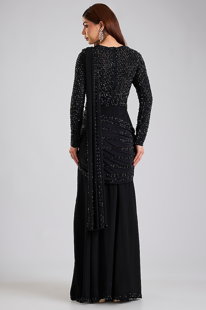 Black Stretch Net & Crepe Skirt Reception Saree Set by Disha Patil at Pernia's Pop Up Shop