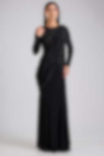 Black Stretch Net & Crepe Skirt Reception Saree Set by Disha Patil at Pernia's Pop Up Shop