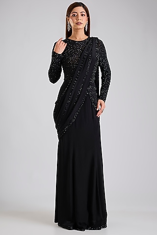 Black Stretch Net & Crepe Skirt Saree Set by Disha Patil