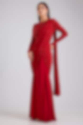 Red Stretch Net & Crepe Skirt Reception Saree Set by Disha Patil at Pernia's Pop Up Shop