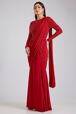 Red Stretch Net & Crepe Skirt Saree Set by Disha Patil