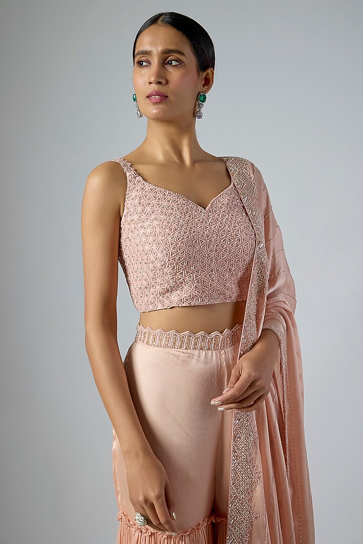 Powder Pink Crepe Pant Reception Saree Set by Disha Patil at Pernia's Pop Up Shop