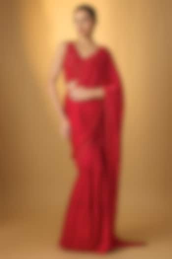 Red Crepe Draped Pant Reception Saree by Disha Patil at Pernia's Pop Up Shop