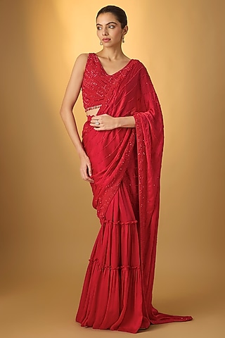 Red Crepe Draped Pant Saree by Disha Patil