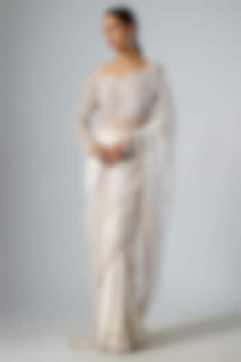 Grey Satin & Organza Embellished Pre-Draped Reception Saree Set by Disha Patil at Pernia's Pop Up Shop