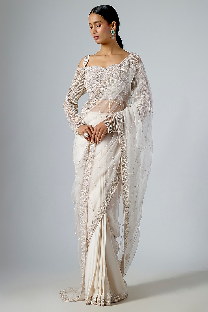 Grey Satin & Organza Embellished Pre-Draped Reception Saree Set by Disha Patil at Pernia's Pop Up Shop